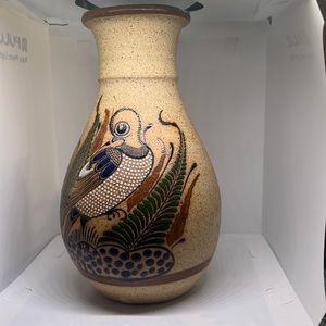 Vintage Tonala Vase, Folk Art Mexican Pottery with Bird